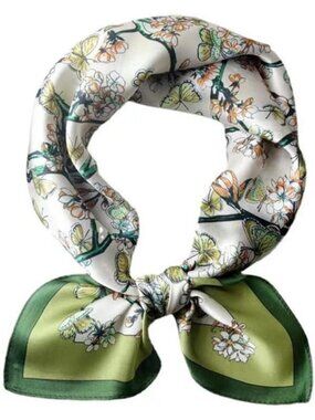 Women's Green White Houndstooth Scarf for Hair Digital Printed Headscarf Silk